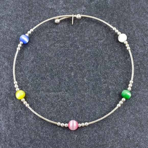 Sterling Silver 925 Memory Wire Multicolor Simulated Cat's Eye Bracelet 7.5" - Picture 1 of 5